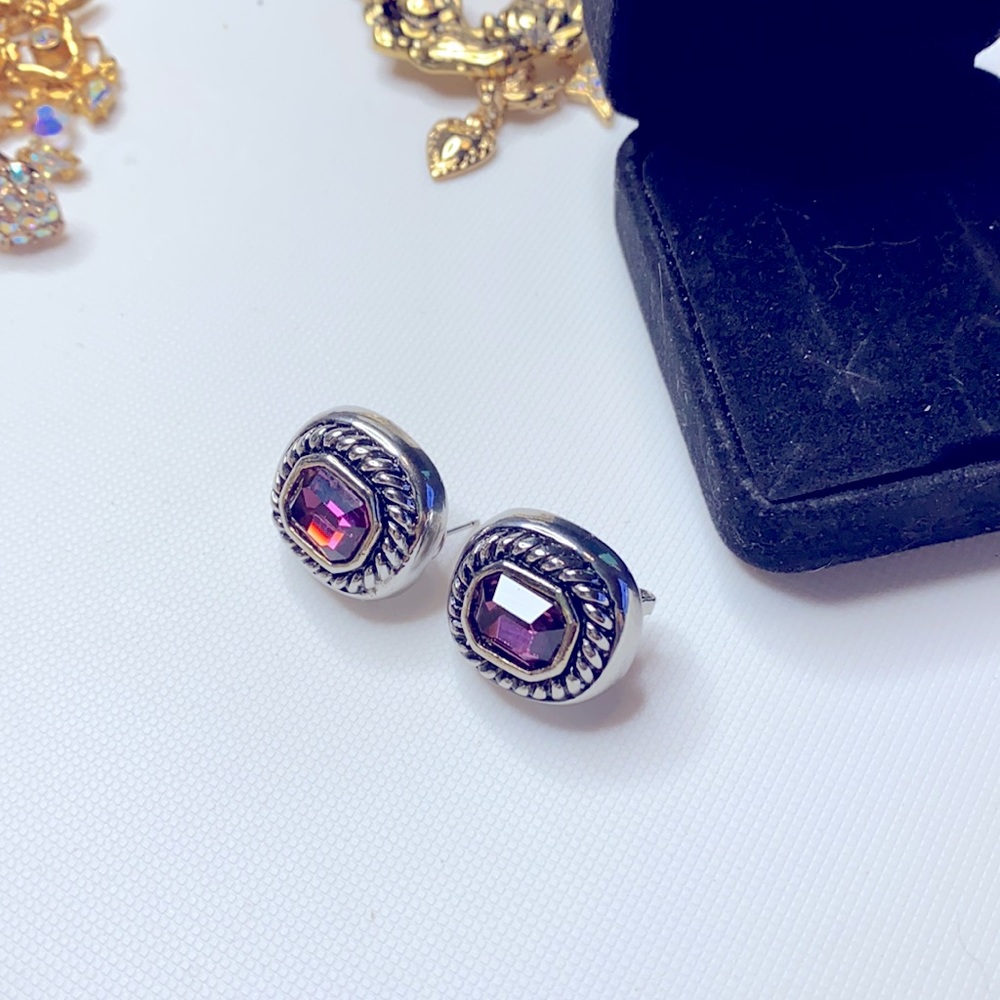 Kirk's Folly Silver Tone With Purple stone pierced Earrings - Picture 3 of 3